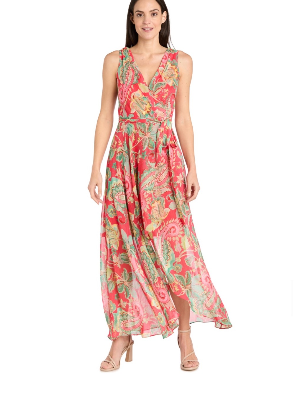 R&M Richards Coral Floral V-Neck Maxi Dress